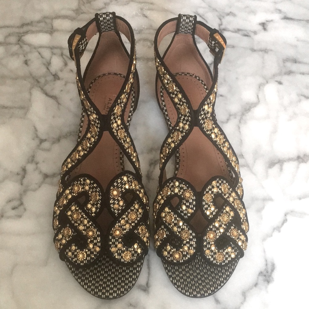 New Alaia gold metal embellished flat sandals 39